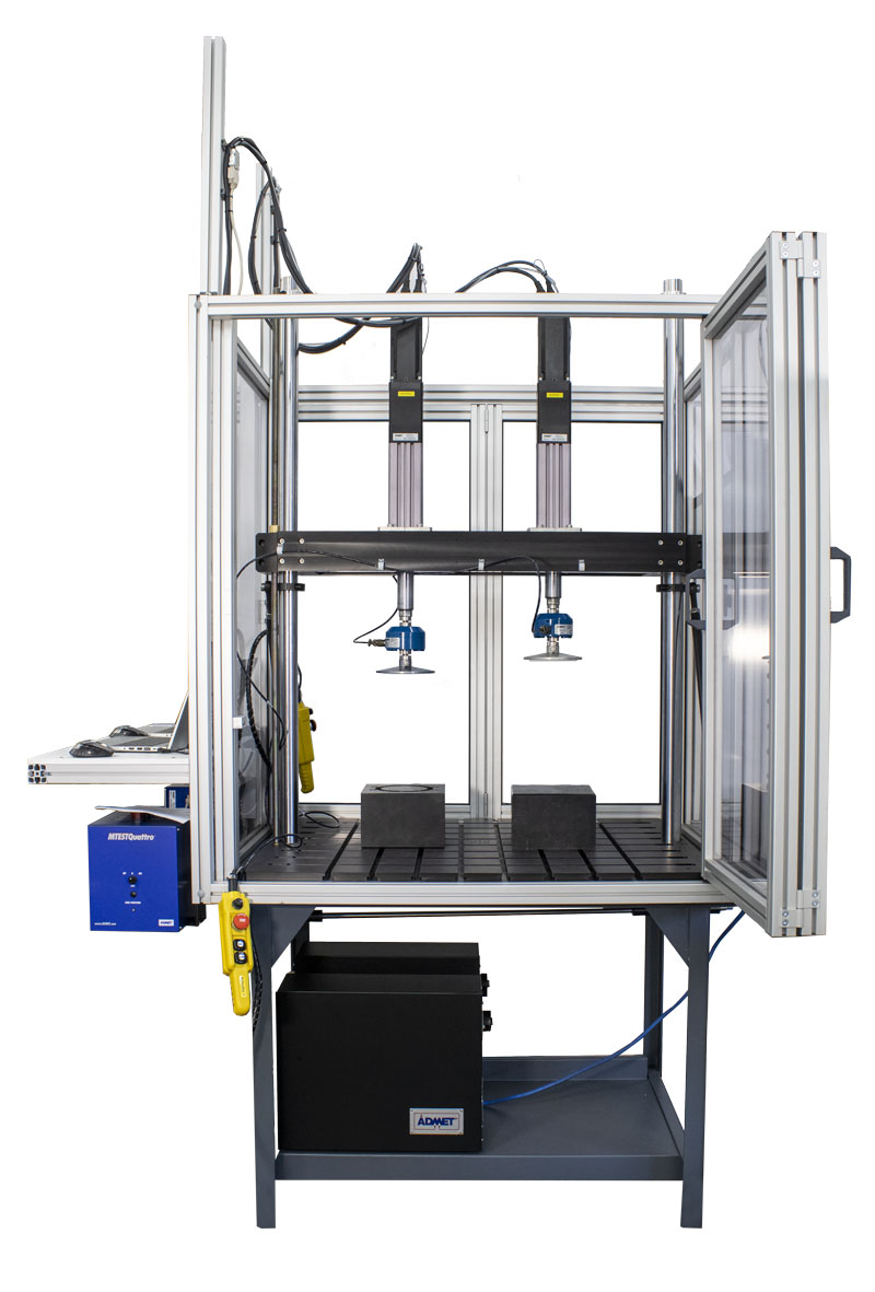 Dual actuator compression testing system inside a safety enclosure with the door open