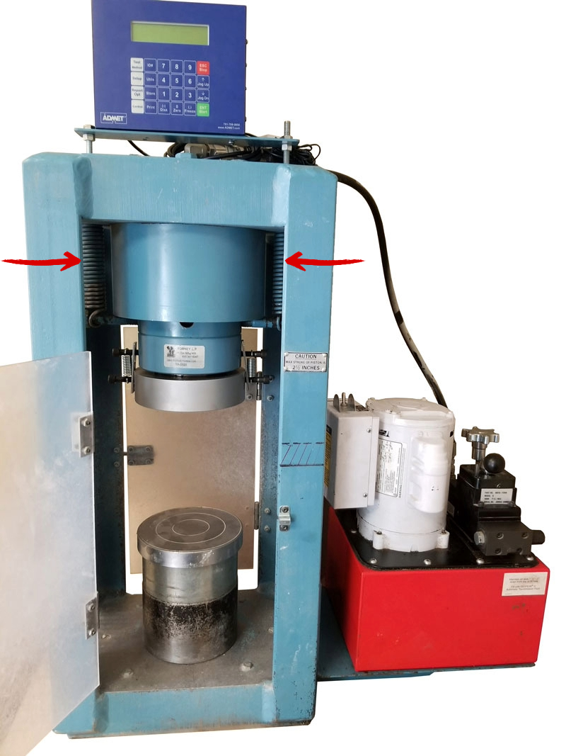 Top-acting actuator with tension springs on a Concrete Testing Machine that uses Gauge Buster 3 with the Auto-Tare function to tare logged data. The springs are shown by the arrows.